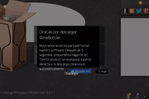 Ventana de WineBottler para descargar, útil para abrir archivos exe en Mac.