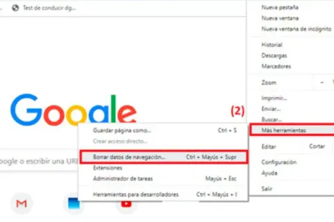 Menú de Chrome para limpiar historial y datos de navegación. Selecciona "Más herramientas" y luego "Borrar datos de navegación".