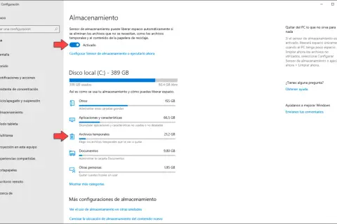Configuración de Almacenamiento en Windows 10 para limpiar archivos temporales y liberar espacio.