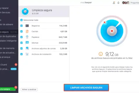 Interfaz de Mackeeper para limpiar caché de Safari y otros archivos basura. Muestra 9,12 GB de datos a eliminar.