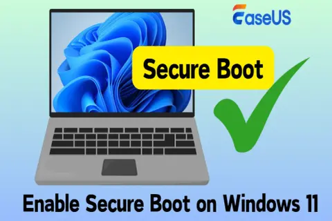 Laptop con pantalla de Windows 11, texto "Secure Boot" y un tick verde. Guía para activar arranque seguro Windows 11.