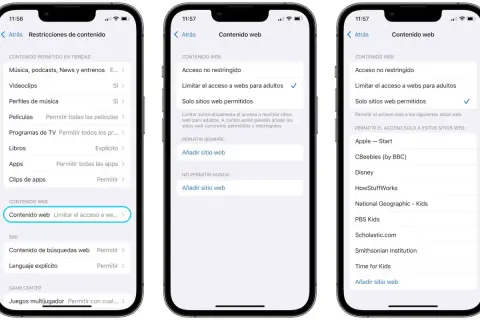 Configuración de control parental en iPhone para limitar contenido web, similar a control parental iPad desde Android.