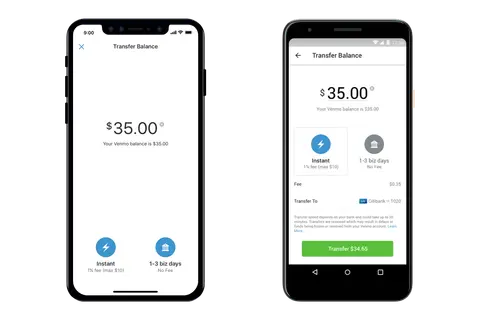 Dos pantallas de móvil muestran cómo transferir $35 de tu saldo Venmo. Una opción es instantánea con una comisión, la otra es gratis en 1-3 días.