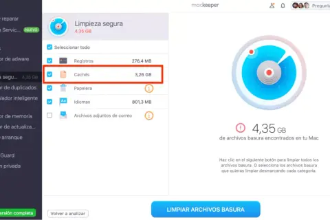 Interfaz de Mackeeper mostrando la opción "Cachés" seleccionada para limpiar 3,26 GB de datos en tu Mac.