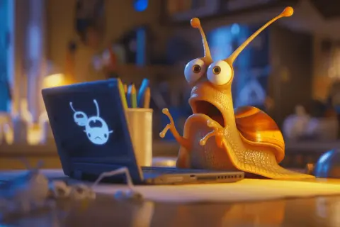 Caracol sorprendido ante su **pc lento**, con una cara de espanto y un mensaje de error en la pantalla.
