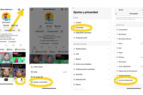 Pasos para saber como bloquear a alguien en TikTok: perfil, ajustes y privacidad, luego privacidad y finalmente cuentas bloqueadas.