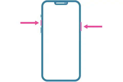 Flechas rosas indican cómo hacer captura de pantalla en iPhone 8: presiona el botón lateral y el botón de subir volumen simultáneamente.