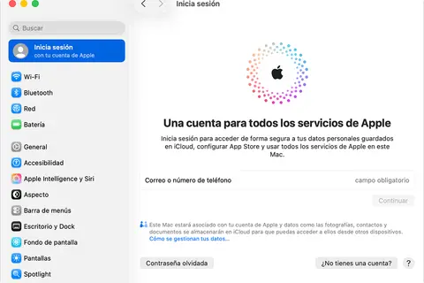 Pantalla de inicio de sesión de Apple. Permite crear ID Apple niño para acceder a iCloud y otros servicios.