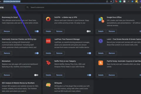 Página de extensiones de Chrome. Aprende como quitar una extensión de Chrome para gestionar tus complementos.