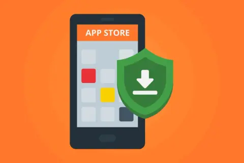 Teléfono con pantalla "APP STORE" y un escudo verde con flecha de descarga. Guía para saber como instalar un antivirus.