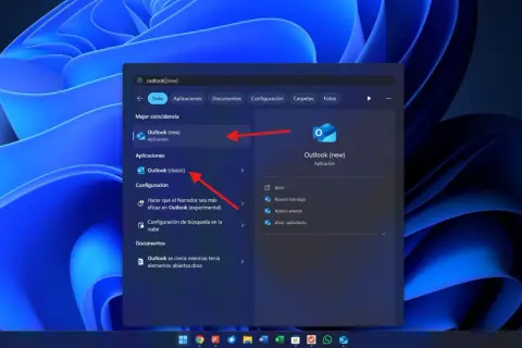 Buscando "outlook (new)" en Windows, se muestra el nuevo Outlook como mejor coincidencia, junto a la opción de Outlook (classic).