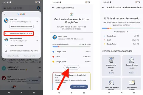 Captura de pantalla de un teléfono móvil mostrando la gestión del almacenamiento de Google, indicando que el espacio está casi lleno, lo que podría ser la razón por la que no me llegan los correos.