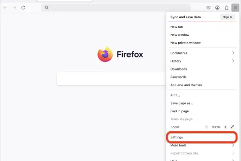 Menú de Firefox con "Ajustes" resaltado, donde se gestionan contraseñas y otros datos.