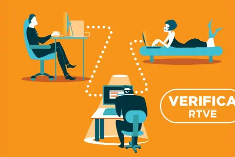 Ilustración de personas trabajando en línea, con un hacker al acecho. ¿Qué es Pegasus? Verificación RTVE.