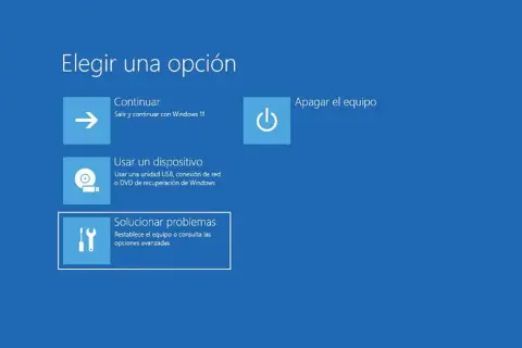 Pantalla de opciones de Windows: continuar, usar dispositivo, apagar o solucionar problemas. Si eliges solucionar problemas, podrás reiniciar en modo seguro.