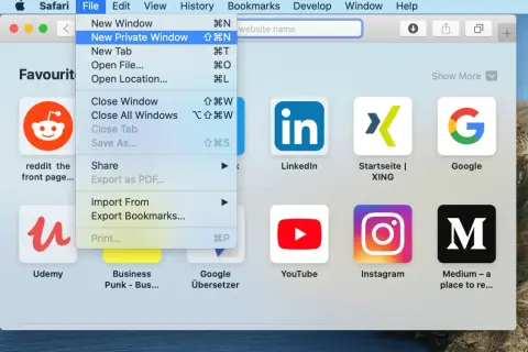 Ajustes Safari: menú "Archivo" con la opción "Nueva ventana privada" resaltada.