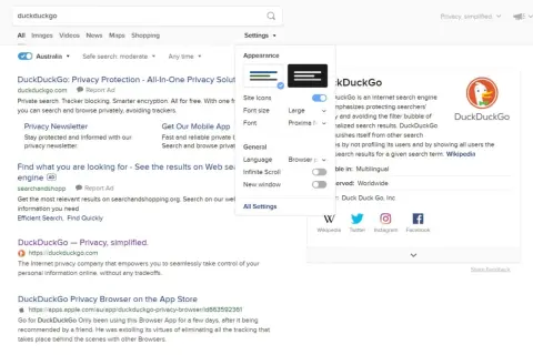 DuckDuckGo que es: buscador privado con opciones de apariencia y configuración. Protege tu información.