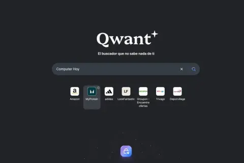 Qwant buscador: "Computer Hoy" en la barra de búsqueda. Iconos de Amazon, MyProtein, Adidas, LookFantastic, Groupon, Trivago y Deporvillage.