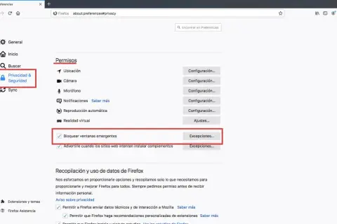 Configuración de Firefox: la opción "Bloquear ventanas emergentes" está marcada, lo que significa que el navegador está configurado para impedir su aparición.