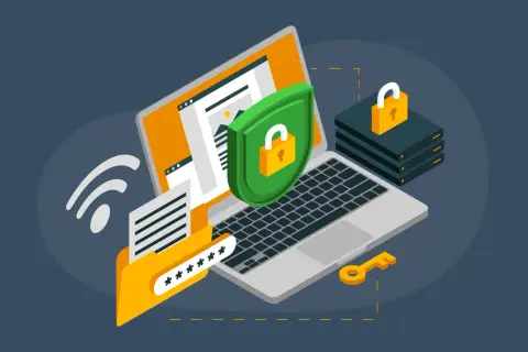 Un portátil con un escudo de seguridad, un candado, un archivo con asteriscos y una llave. Representa la seguridad en la navegación web.