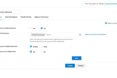 Configuración para desactivar extensiones de Chrome. Permite o deniega la instalación y gestiona las extensiones existentes.