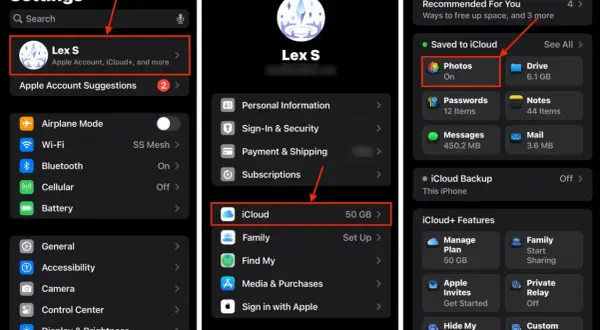 Captura de pantalla de iPhone mostrando cómo limpiar iPhone de archivos basura, navegando por Ajustes, Cuenta Apple, iCloud y opciones de almacenamiento.