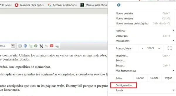 Menú de Chrome con opción "Configuración" resaltada, útil para exportar contraseñas Chrome.