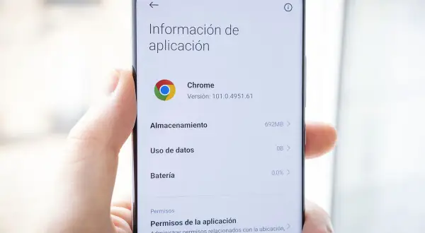 Pantalla de móvil mostrando información de la aplicación Chrome. Útil para gestionar o eliminar virus en Google Chrome de Android.