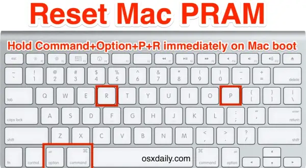 Teclado Mac mostrando cómo resetear PRAM: mantén pulsadas las teclas Command, Option, P y R al arrancar.