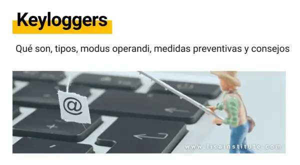 Un pescador en miniatura con un anzuelo sobre un teclado, con un símbolo de arroba colgando. Aprende sobre keyloggers como evitarlo.
