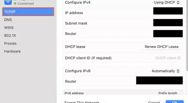 Configuración TCP/IP en Mac, mostrando detalles de IP, máscara de subred y router.