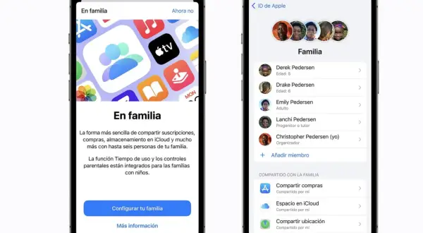 Configura tu **icloud familiar** para compartir suscripciones, compras y almacenamiento. Gestiona hasta seis miembros y usa controles parentales.