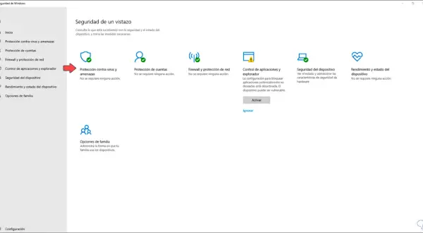 Pantalla de Seguridad de Windows. Se muestra la opción "Protección contra virus y amenazas" y la necesidad de atualizar antivirus.
