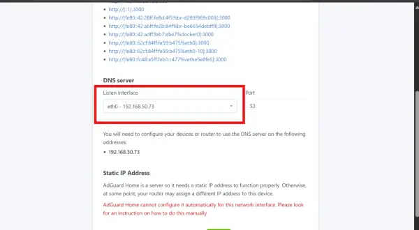 Configuración de AdGuard Home: interfaz de escucha eth0 con IP 192.168.50.73.