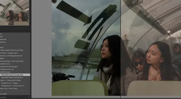 Dos mujeres asiáticas en un barco, comparando el antes y el después de aplicar presets lightroom.