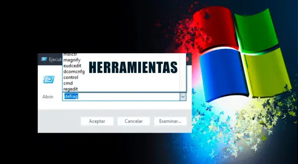 Ventana de "Herramientas" con opciones como "cmd" y "defrag" para ejecutar comandos.