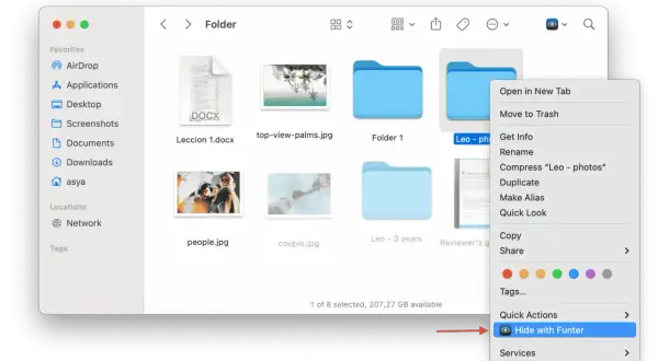 Opción "Hide with Funter" para ver archivos ocultos en Mac.
