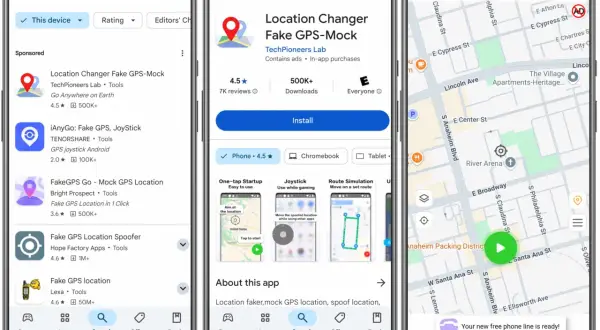 Busca apps para cambiar ubicación iPhone. Muestra la tienda de aplicaciones con resultados de búsqueda de "gps spoofing" y la página de una app para falsificar la ubicación.