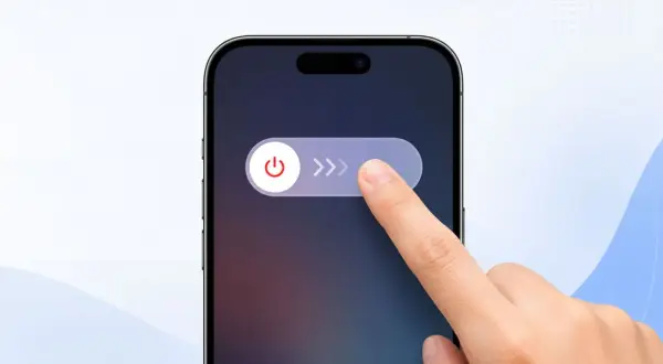 Dedo deslizando el botón de apagado en un iPhone. Aprende como quitar botón flotante iPhone para apagarlo.