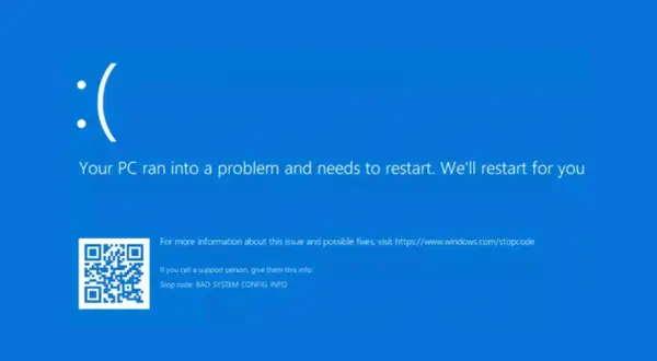Pantalla azul de Windows con un :( y mensaje "Your PC ran into a problem and needs to restart". Indica la necesidad de reiniciar Windows.