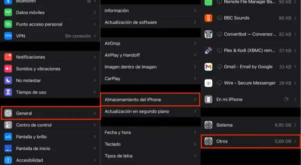 Captura de pantalla de Ajustes del iPhone, mostrando "General" y "Almacenamiento del iPhone", donde se gestionan documentos y datos.