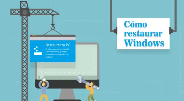 Ilustración de cómo restaurar sistema Windows 10 desde BIOS. Un PC en construcción con una grúa y herramientas.