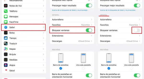 Ajustes de Safari en iPhone: se muestra cómo activar o desactivar el bloqueo de ventanas emergentes.