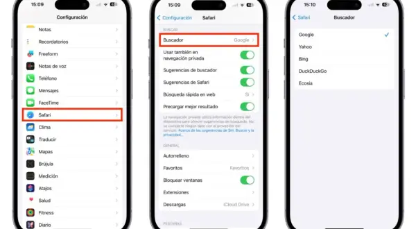 Configuración de Safari en iPhone. Se muestra cómo cambiar el buscador predeterminado, con Google seleccionado.