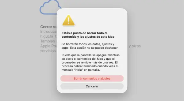 Ventana emergente advierte sobre borrar todo el contenido y ajustes de este Mac. Opción para borrar o cancelar.
