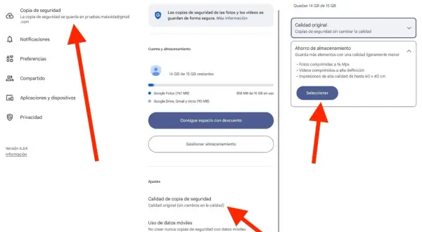 Ajustes de Google Fotos para comprimir fotos y ahorrar espacio. Selecciona "Ahorro de almacenamiento" para una calidad ligeramente menor.