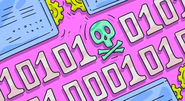Calavera y tibias cruzadas sobre código binario, representando el peligro del pup malware. Engranajes amarillos sugieren un sistema comprometido.
