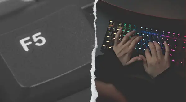 Teclado con tecla F5 destacada y manos escribiendo en un teclado RGB.