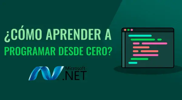 ¿Cómo aprender a programar desde cero gratis? Un código colorido en una ventana de programa y el logo de .NET.