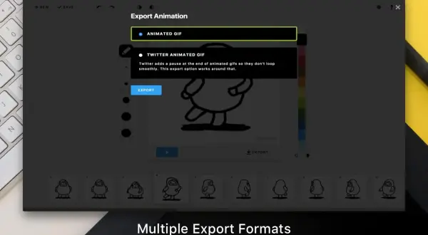 Ventana de exportación de Brush Ninja, mostrando opciones para GIF animado y GIF animado para Twitter.